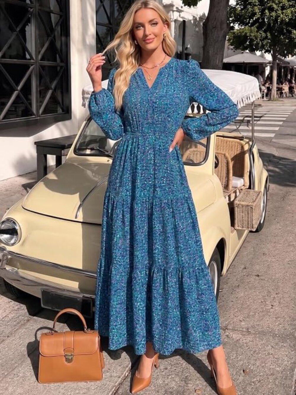 Long Sleeve V Neck Boho Maxi Dress Peacock Blue Tiered Flowy A Line Pocket